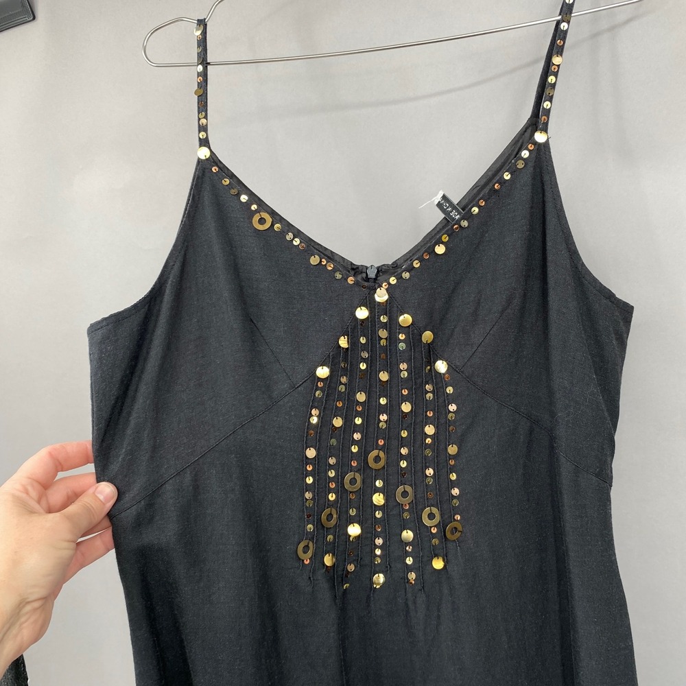 Jennifer Eden Sequin Embellished Linen Blend Dress Womens 10 Black Gold Boho - Picture 5 of 16